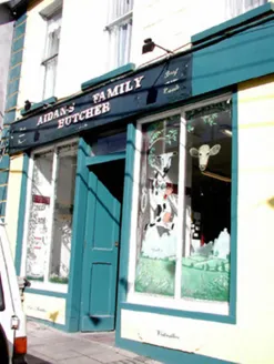 Close view of Aidan's butcher shop entrance